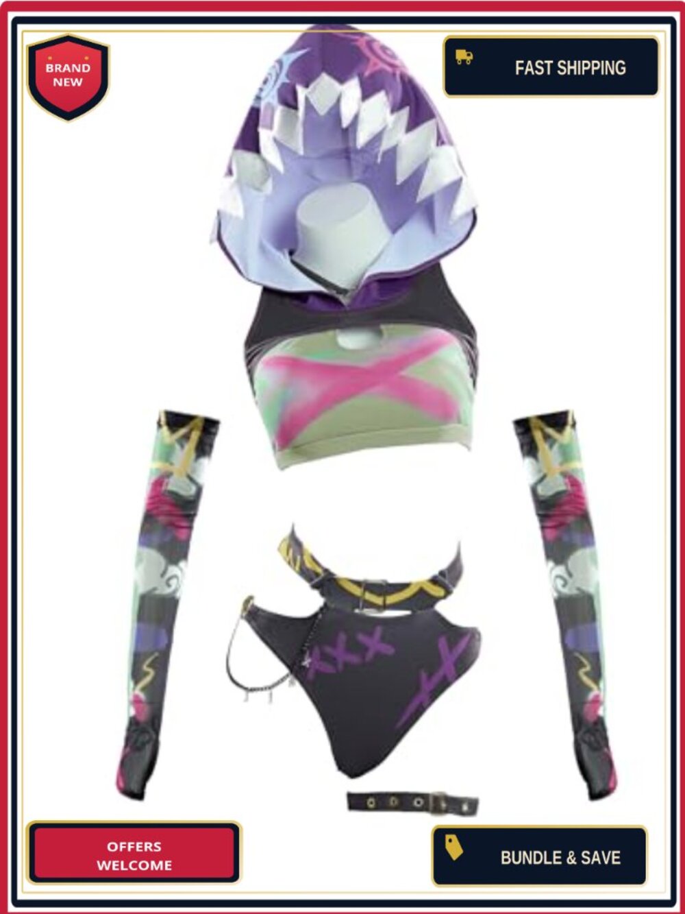 Gothic Anime Rave Swimsuit Bikini Set Cosplay Hood Sleeves Halter